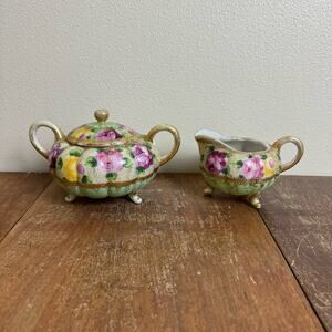 Vintage Antique‎ Japanese Nippon Porcelain Cream & Sugar Tea Set Floral Gilt